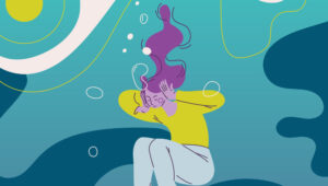 Stylized woman sinking in a choppy ocean