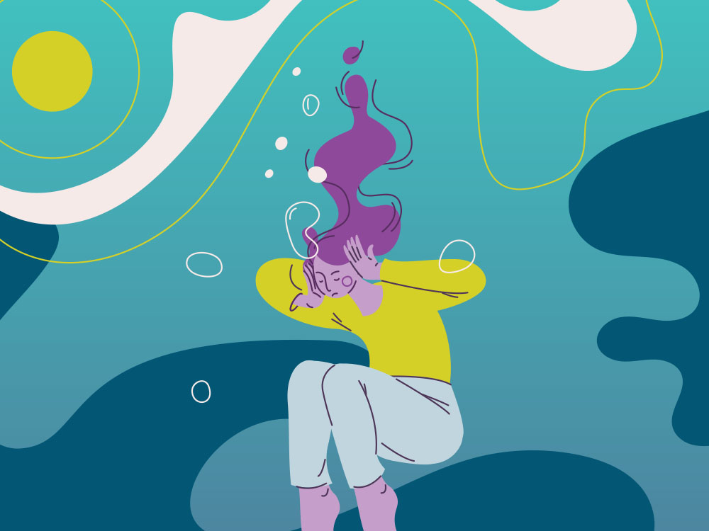 Stylized woman sinking in a choppy ocean